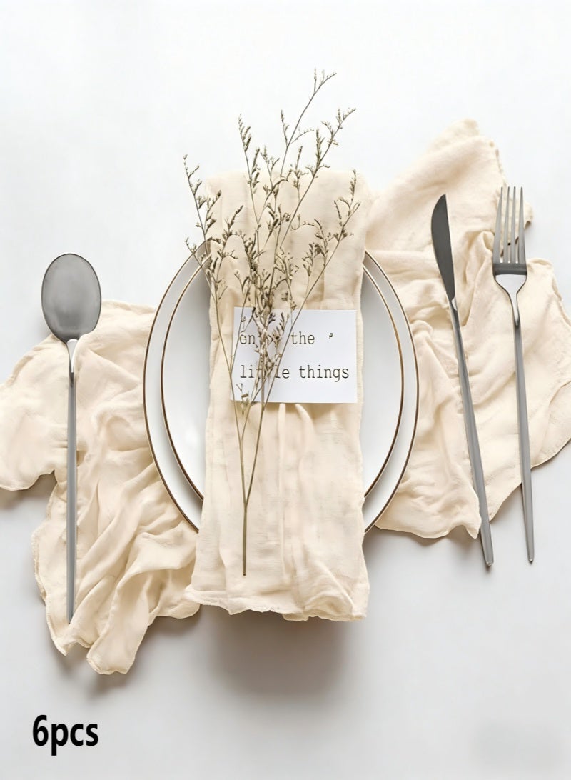 6pcs Cotton Linen Cloth Napkin,50 * 50cm Wrinkled Dinner Napkins,Cloth Napkins，Square Rustic Fringe Napkin for Dinners，Napkins Cloth Handmade for Home Wedding Parties.Washable.(Beige) - Image 1